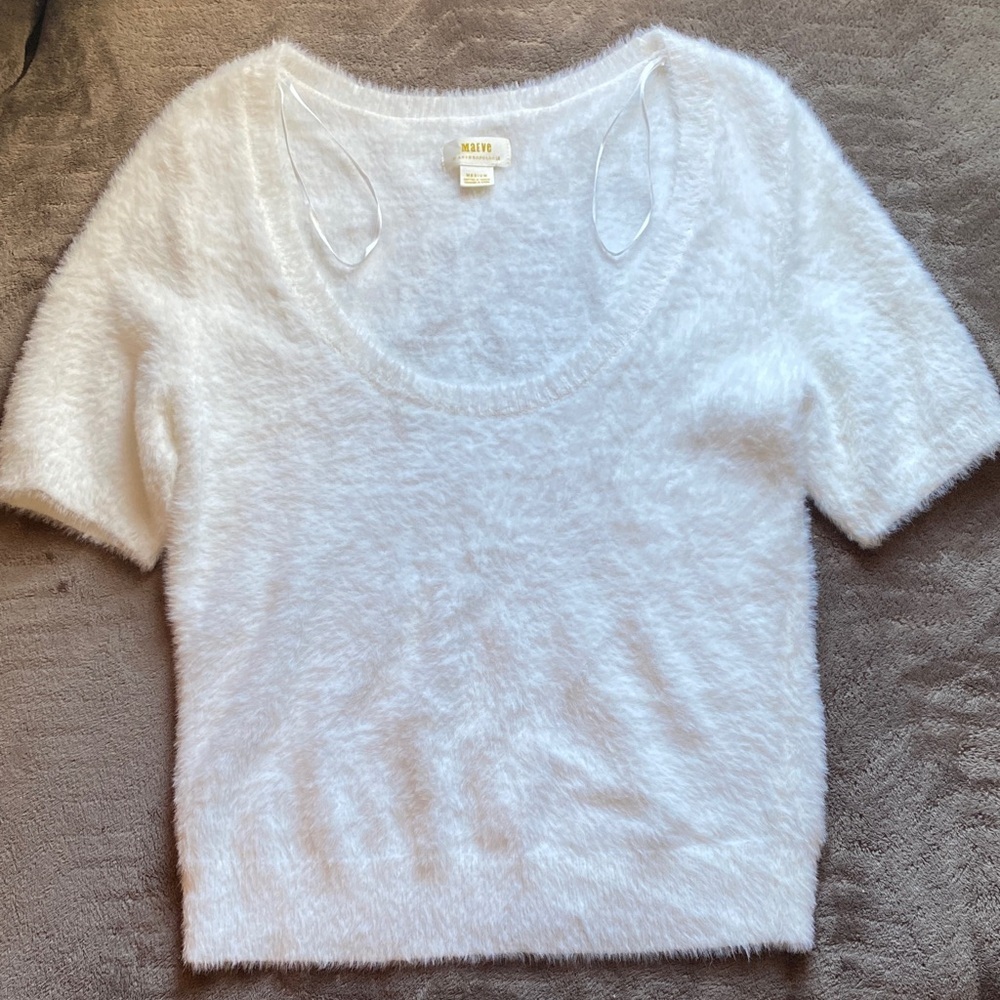 Maeve By Anthropologie Fuzzy White Scoop Neck Sweater